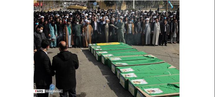 مراسم تشییع جنازه ۲۱ نفر از نیروهای وابسته به سپاه پاسداران انقلاب اسلامی از لشکر فاطمیون و زینبیون که در ادلب سوریه کشته شدند؛ اسفند ۱۳۹۸