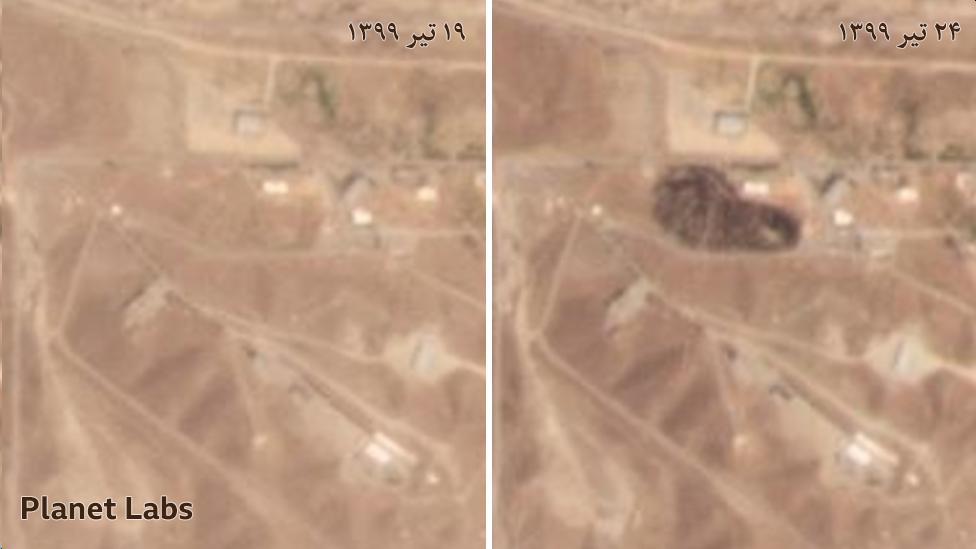 عکس ماهواره‌ای از محل یک انفجار یا آتش سوزی احتمالی در یک منطقه نظامی در گرمدره که روز ۲۴ تیر ۱۳۹۹ چهار روز بعد از انتشار گزارش‌ها از شنیده شدن صدای انفجار در این محدوده گرفته شده است. محدوده‌ای که روی زمین سیاه شده در روز ۱۹ تیر ماه وجود ندارد.